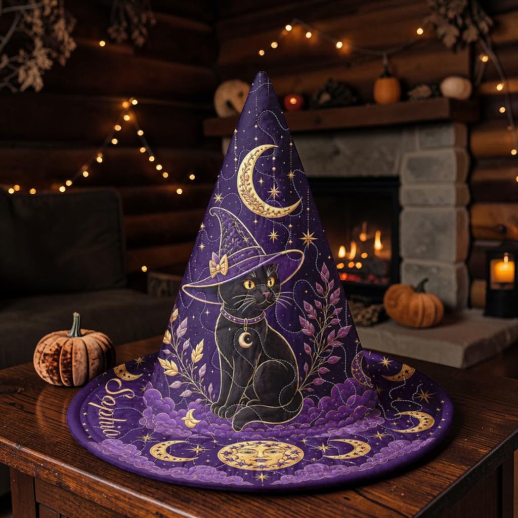 Personalized Purple Witch Hat with Black Cat and Moon