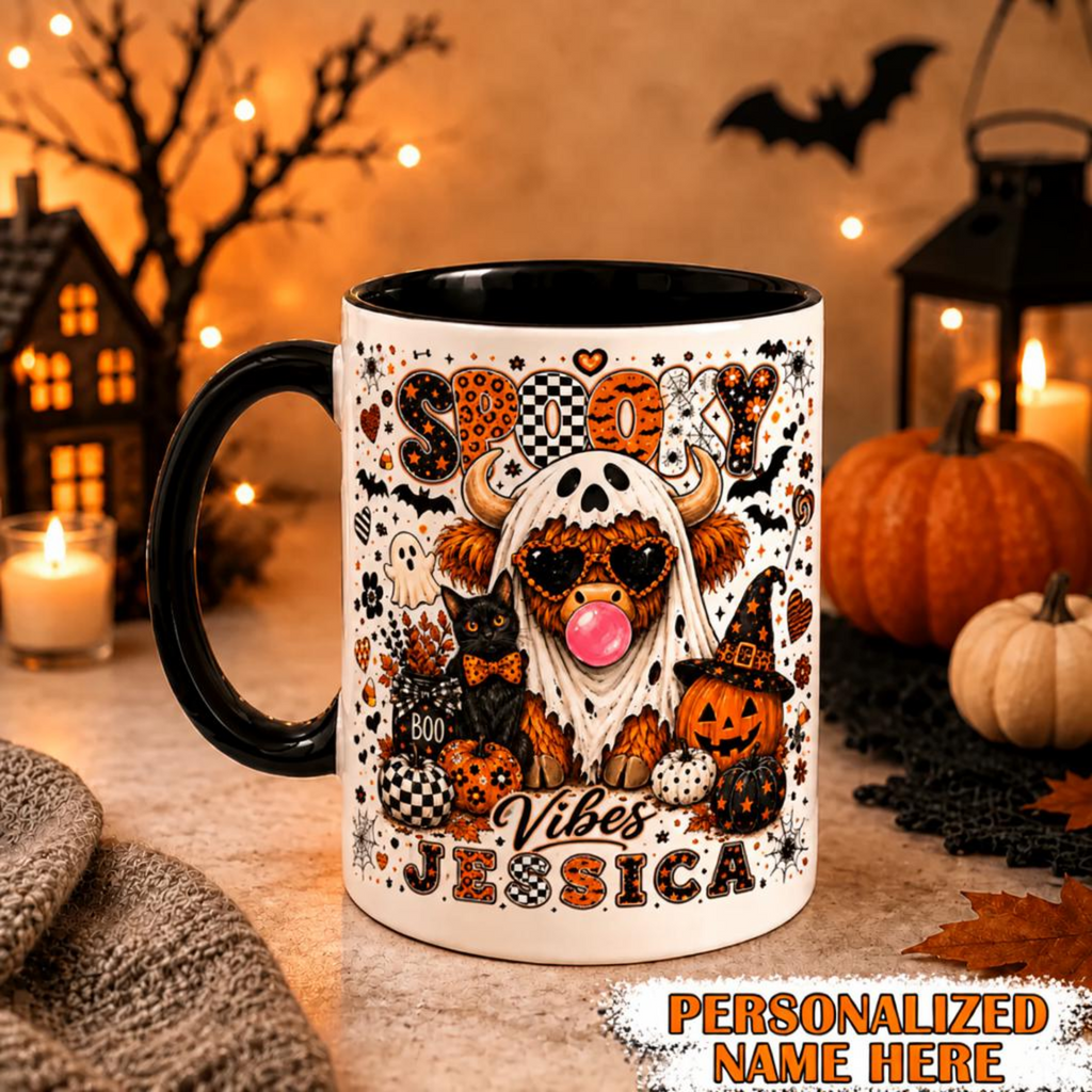 Personalized Spooky Vibes Highland Cow Mug Cute Ghost Cup