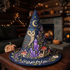Personalized Celestial Owl and Crystal Navy Blue Witch Hat