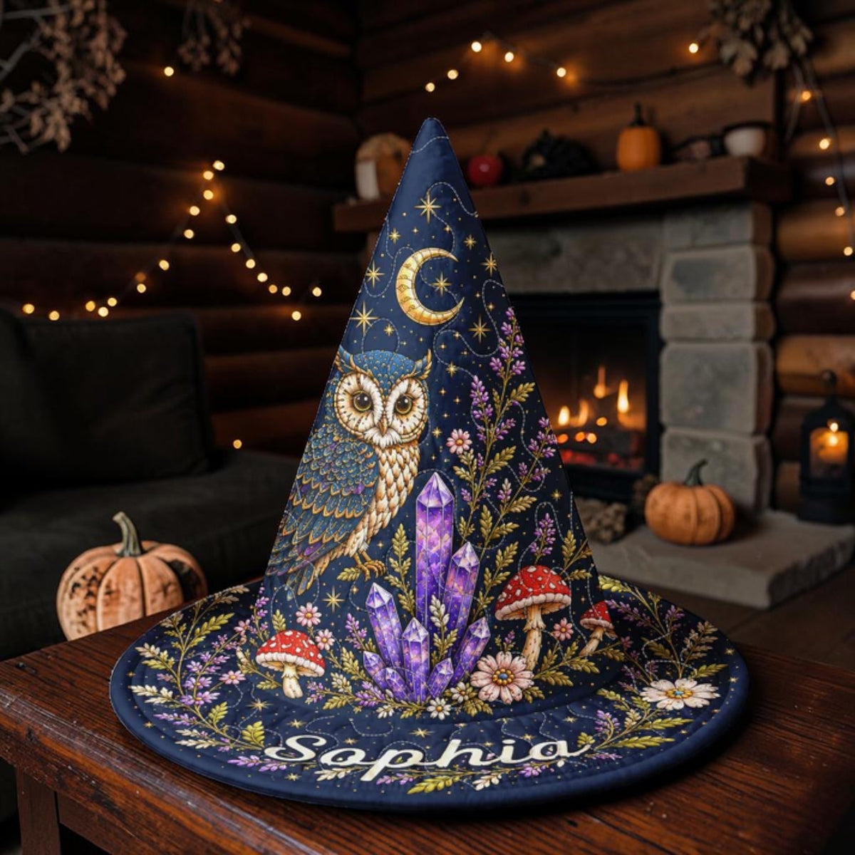 Personalized Celestial Owl and Crystal Navy Blue Witch Hat