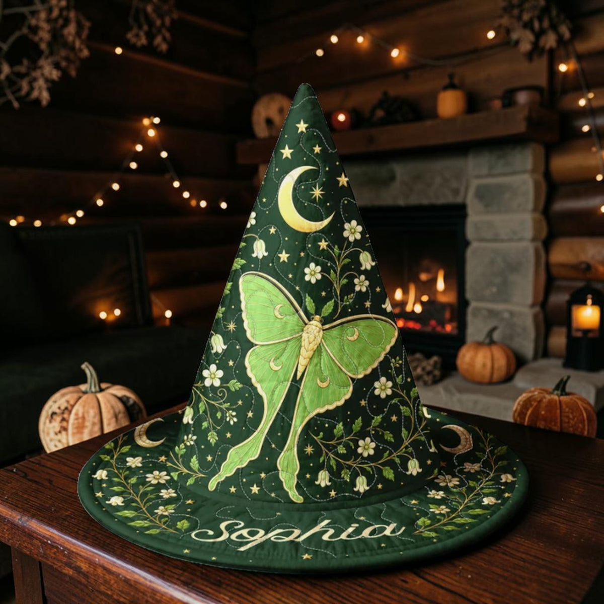 Personalized Green Witch Hat with Enchanted Luna Moth Design