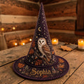 Personalized Autumn Owl and Foliage Quilted Purple Witch Hat