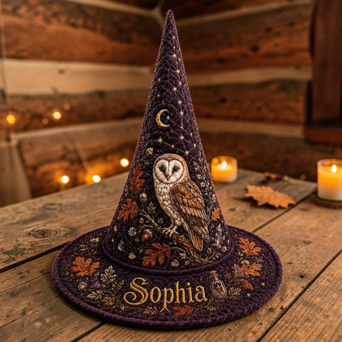 Personalized Autumn Owl and Foliage Quilted Purple Witch Hat