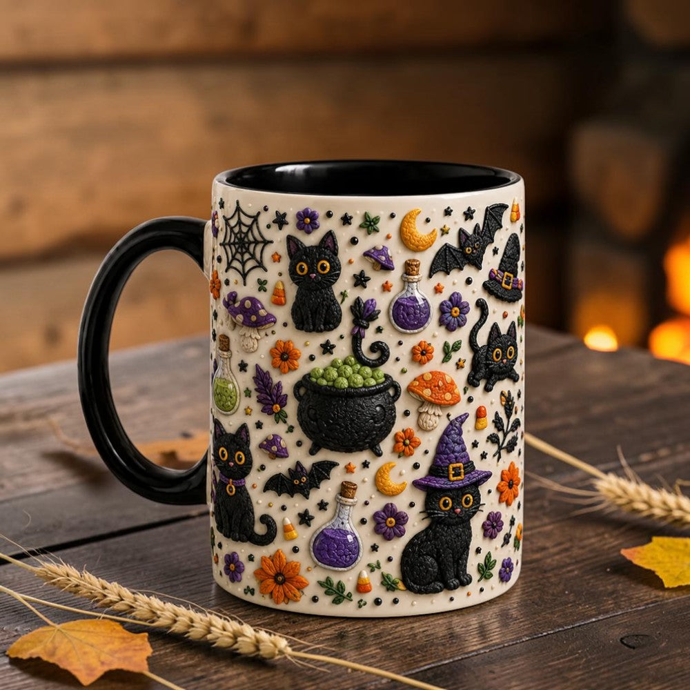 Faux Clay Black Cat Halloween Mug Spooky Witch Aesthetic Cup