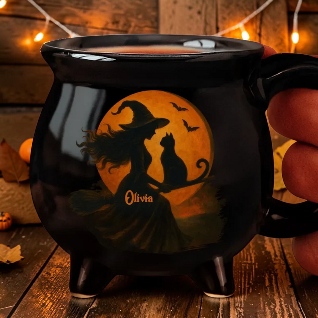 Personalized Witch Broomstick Mug Black Cauldron Halloween Gift