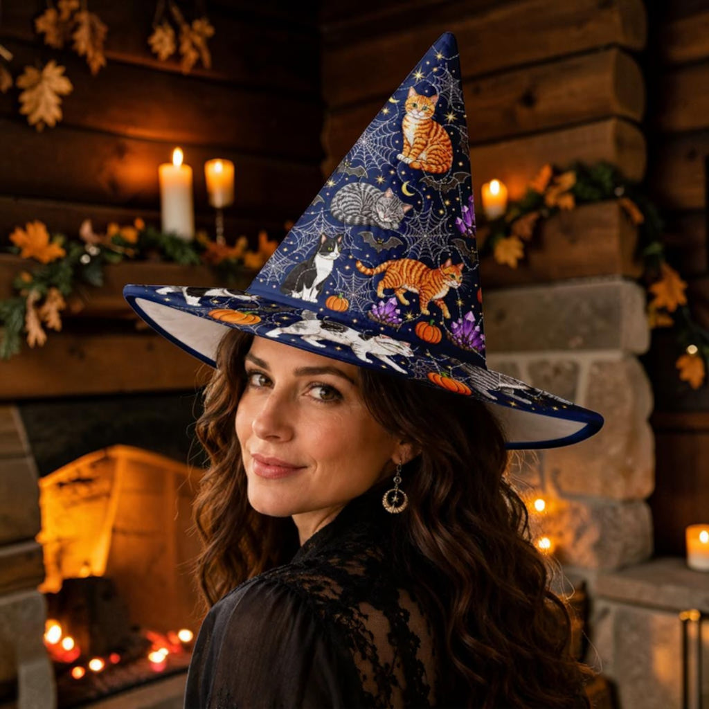 Magical Cats and Spiderwebs Quilted Navy Witch Hat