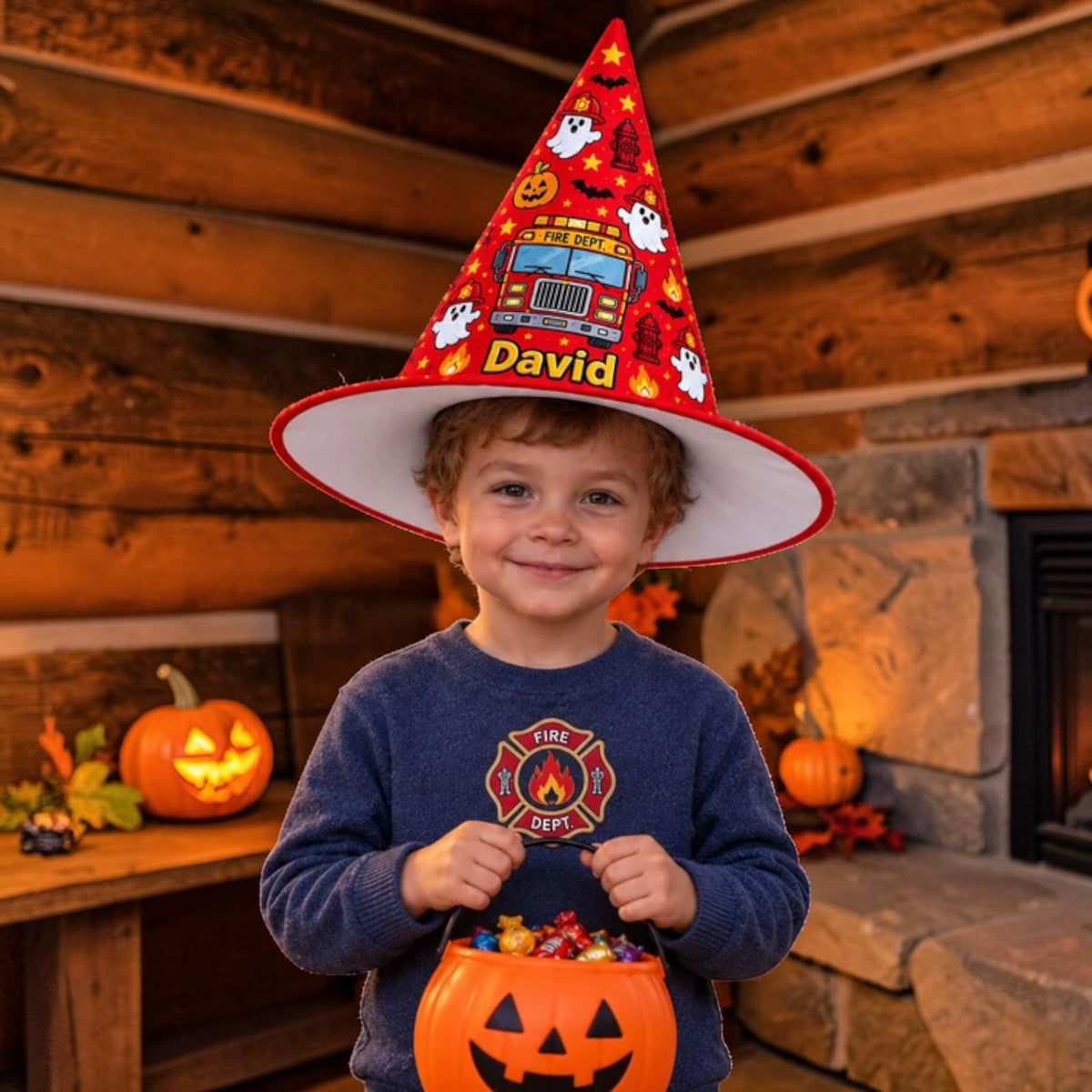 Personalized Red Fire Truck and Ghost Kids Witch Hat