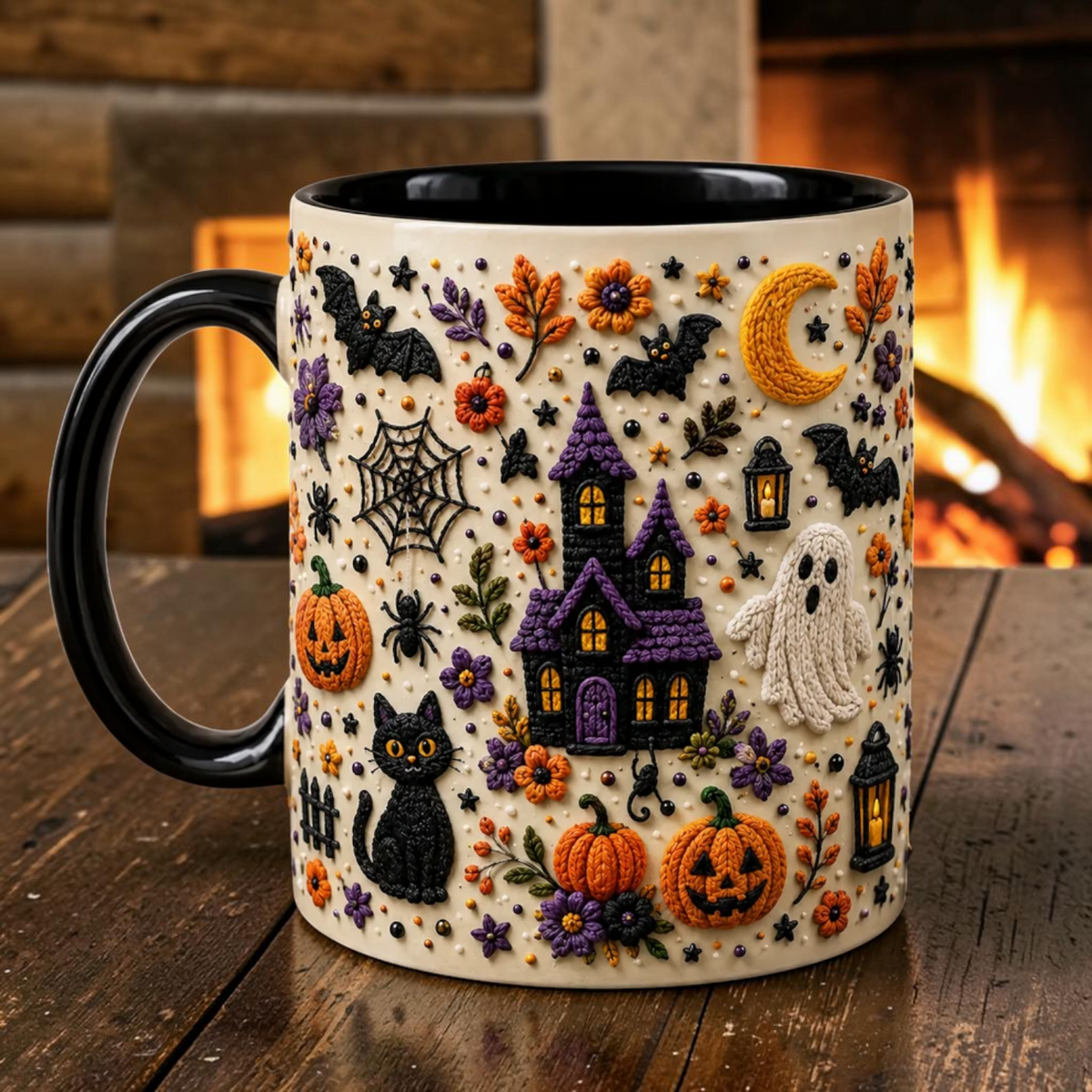 Faux Embroidery Haunted House Mug Cute Crochet Look Halloween Cup