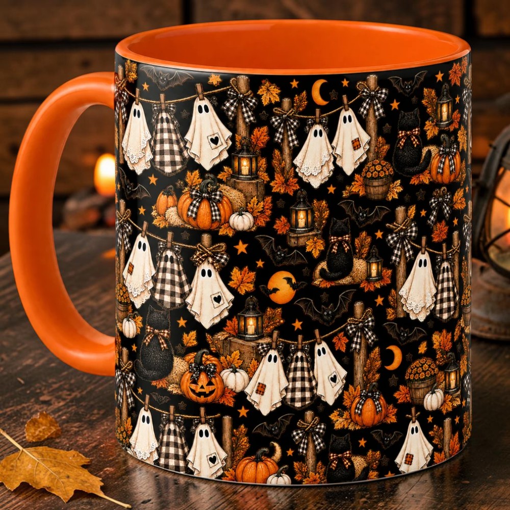 Cute Clothesline Ghosts Coffee Cup Cozy Fall Pattern Drinkware