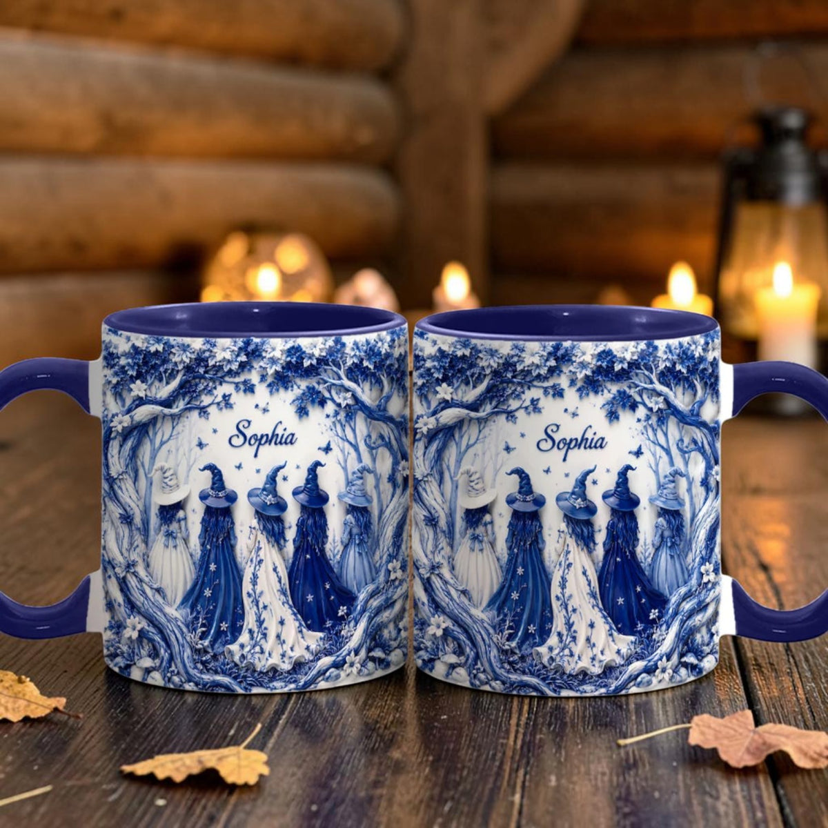 Personalized Blue Toile Coven Mug Vintage Witch Sisterhood Cup