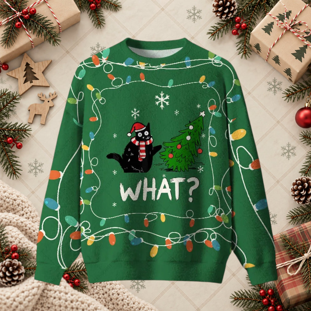 Funny Black Cat What Christmas Tree Ugly Holiday Sweater