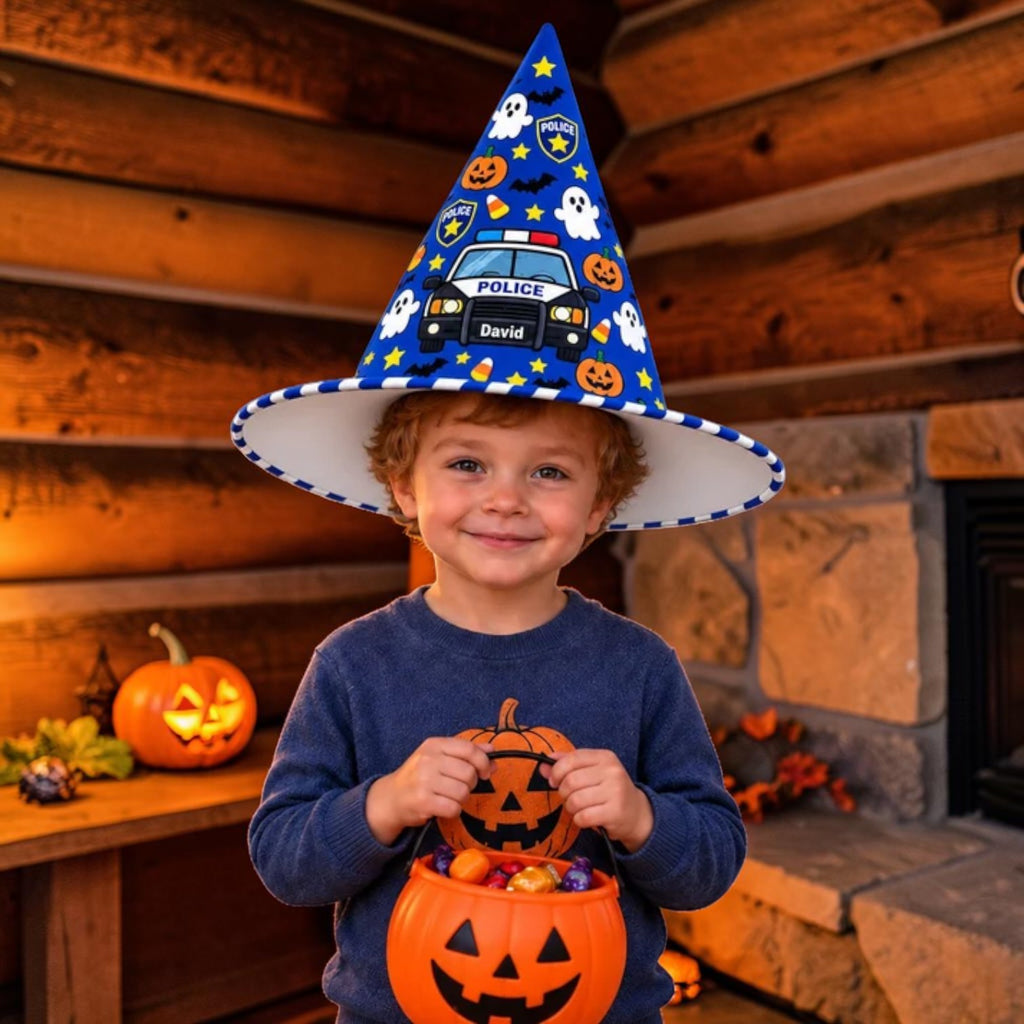 Personalized Blue Police Car and Ghost Kids Witch Hat