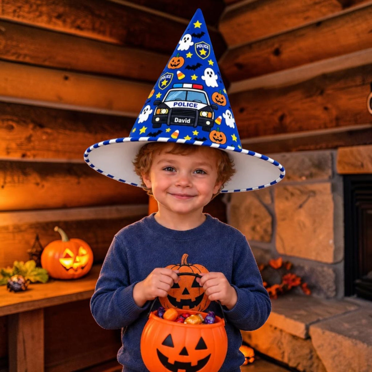 Personalized Blue Police Car and Ghost Kids Witch Hat