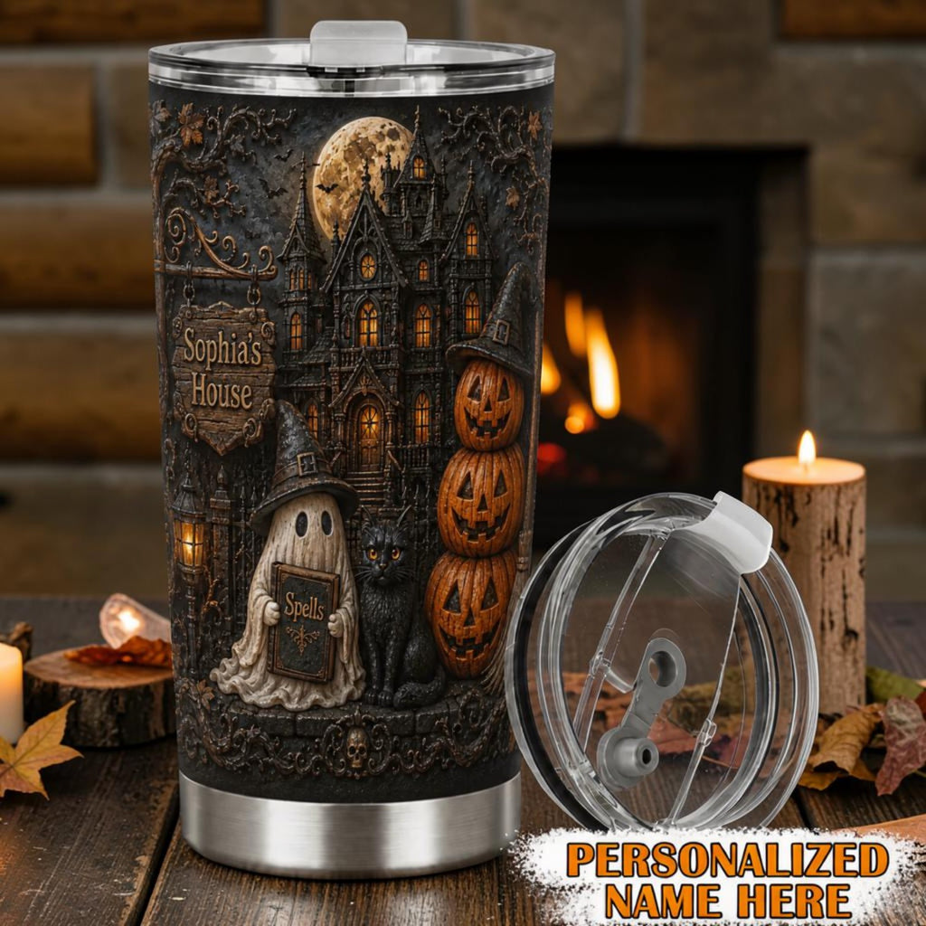 Personalized Haunted House Halloween Mug Gothic Ghost & Cat Cup