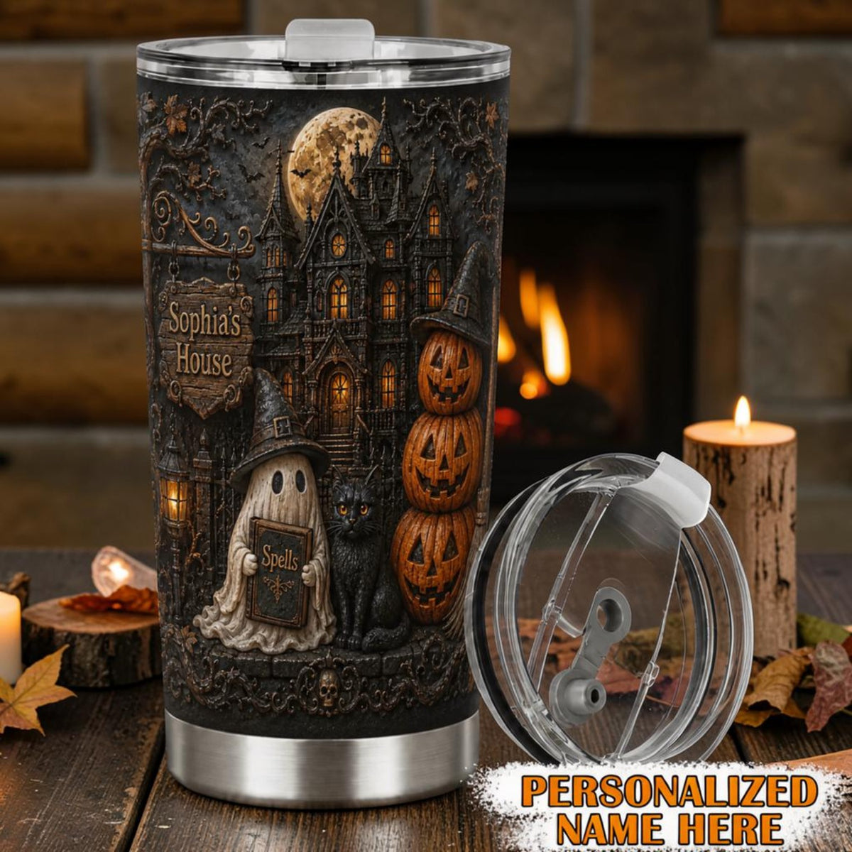 Personalized Haunted House Halloween Mug Gothic Ghost & Cat Cup