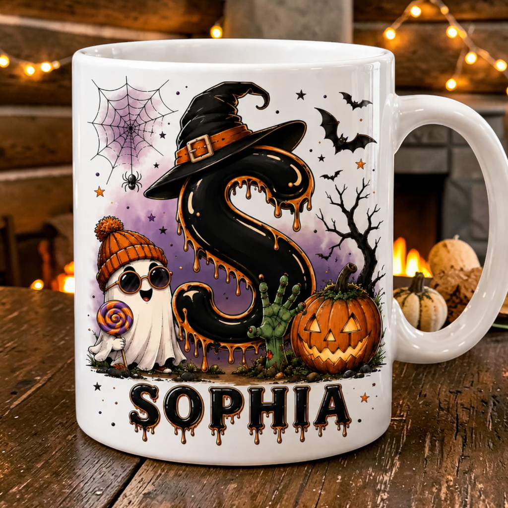 Personalized Initial Halloween Mug Cute Ghost & Witch Hat Cup