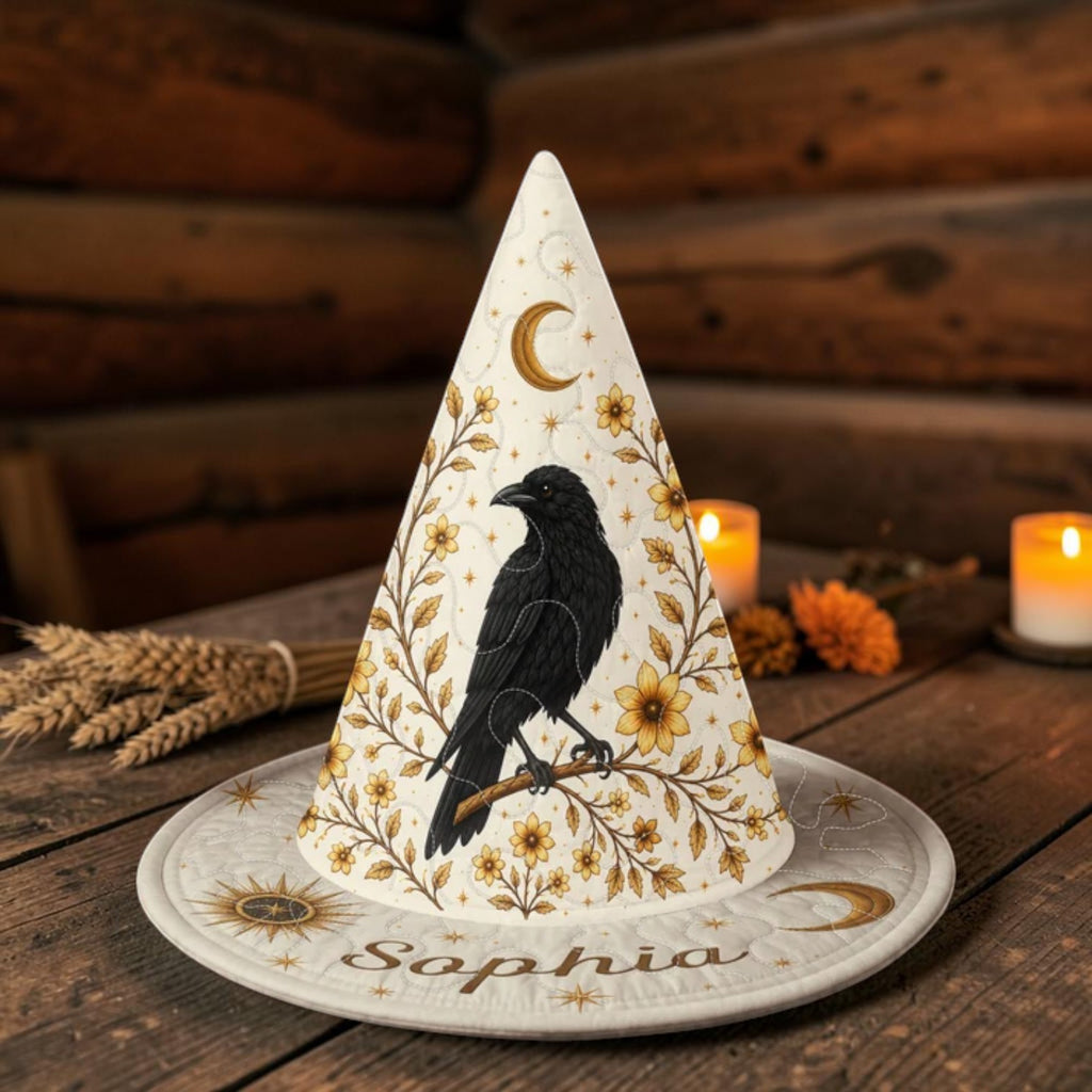 Personalized Cream Witch Hat with Crow and Gold Flowers