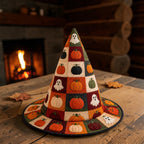 Cozy Knitted Pumpkin and Ghost Patchwork Style Witch Hat