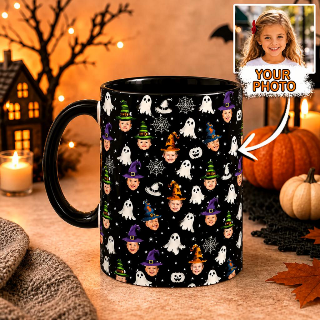 Custom Face Halloween Mug Personalized Witch Hat & Ghost Cup