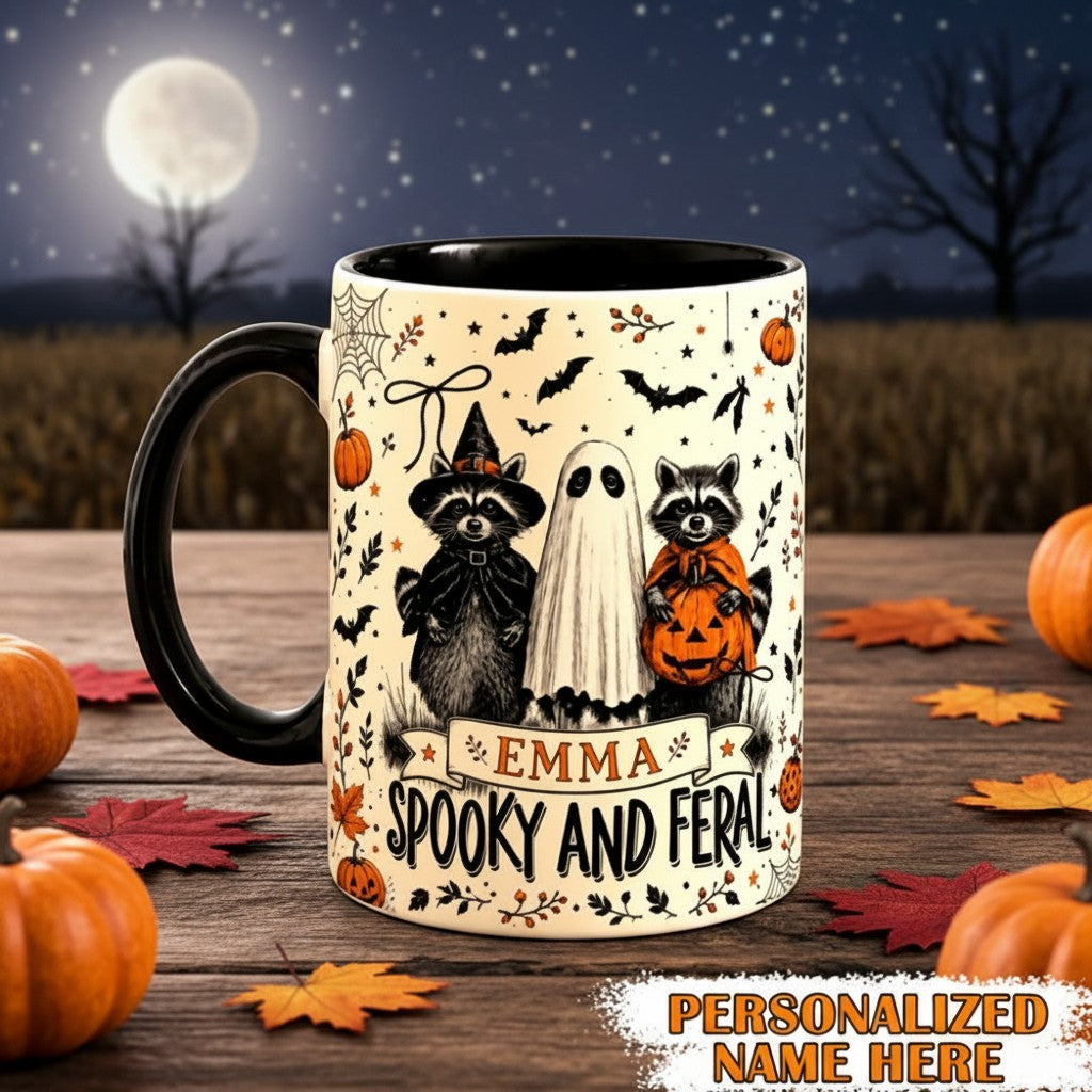 Personalized Spooky and Feral Mug Funny Raccoon Halloween Cup