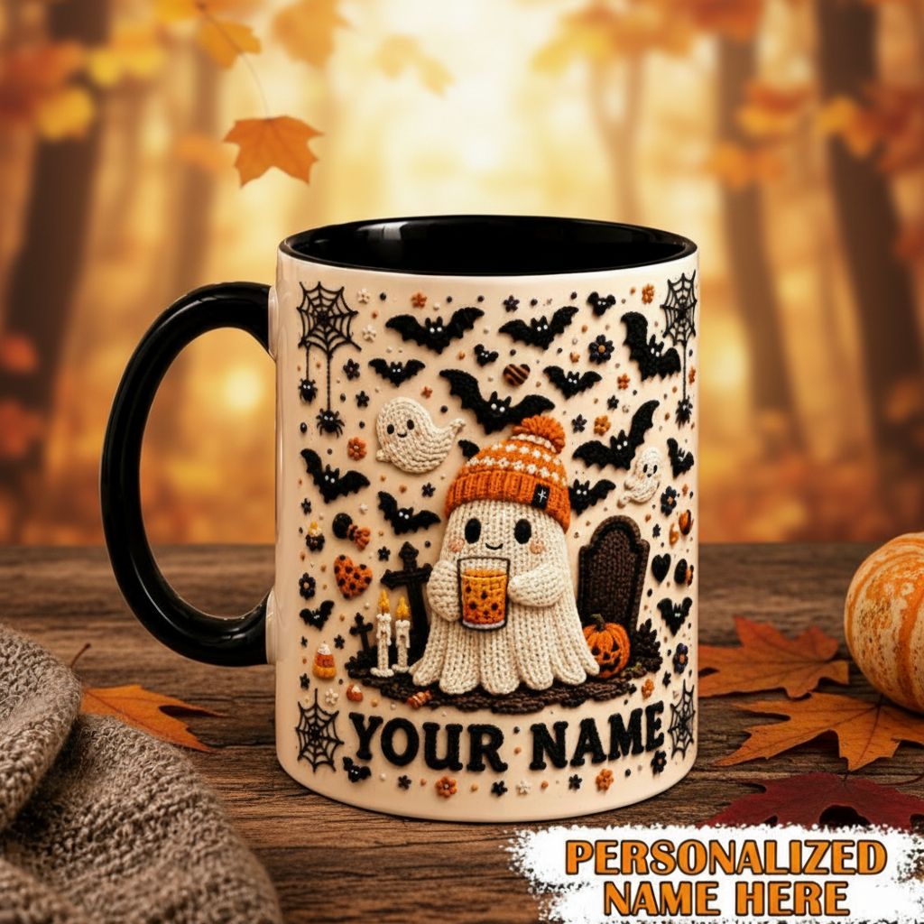 Personalized Crochet Ghost Mug Cute 3D Look Spooky Coffee Cup
