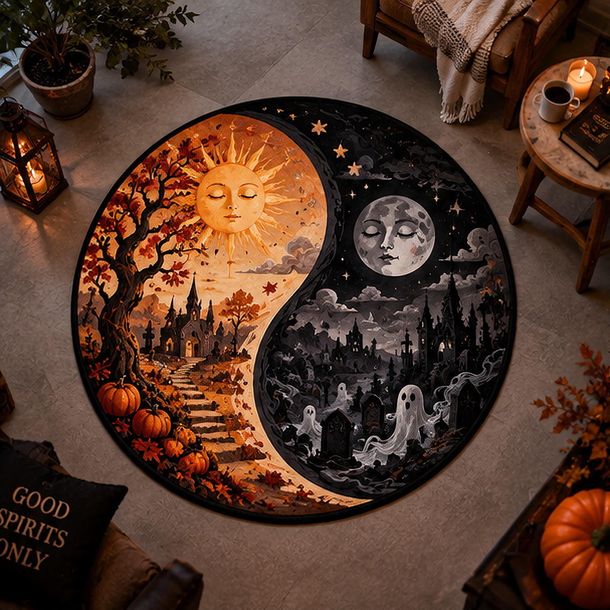 Dark Fantasy Ghost Ship & Haunted Carousel Round Rug – Velvet Decor