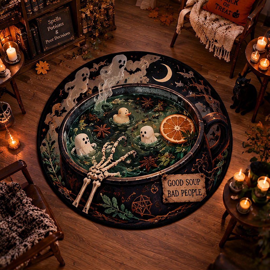 Eclectic Halloween round rug featuring a black teacup filled with green witch potion, ghost rubber ducks, and skeleton hands. The sign says "Good Soup Bad People".