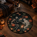 Enchanting dark fantasy round rug showing a skeleton and a ghost reaching out to each other in a dark pond filled with red lotus flowers and swimming koi fish.