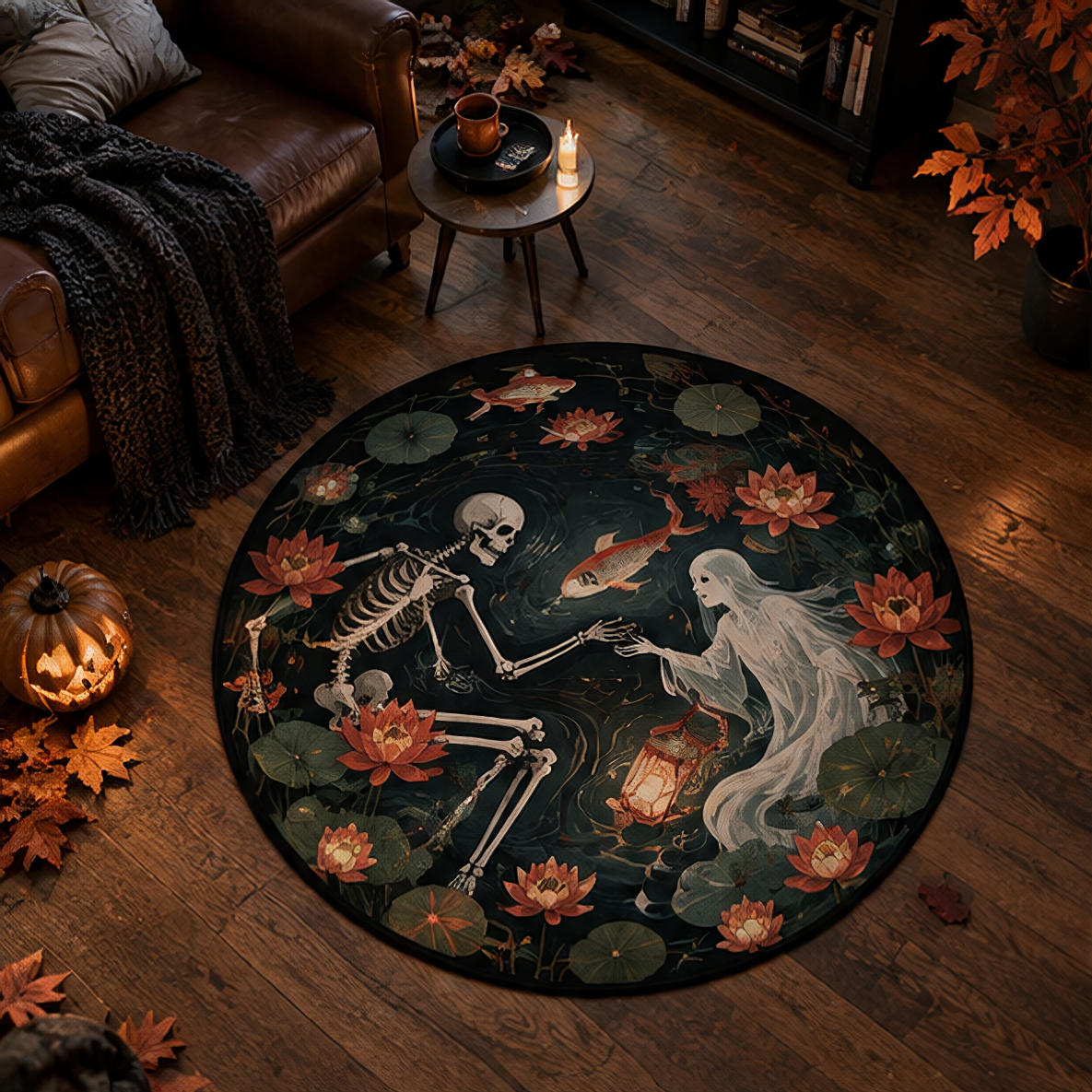 Enchanting dark fantasy round rug showing a skeleton and a ghost reaching out to each other in a dark pond filled with red lotus flowers and swimming koi fish.
