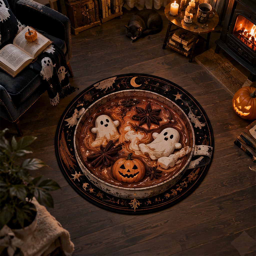 Whimsical 3D Halloween round rug featuring a giant teacup filled with a warm autumn spice brew, floating ghost marshmallows, star anise, and a mini pumpkin.