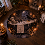 Funny 3D Halloween round rug featuring a skeleton taking a bubble bath in a vintage tub with a rubber duck and a raven. Signs read "Relax You're Dead Too" and "Still Clean In The Afterlife".