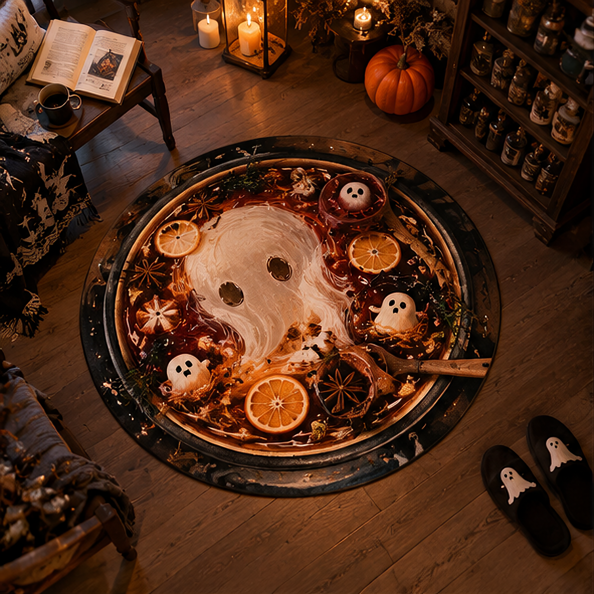 Cozy surreal Halloween round rug featuring a giant teacup filled with an autumn spice brew. A large, ethereal ghost face swirls in the liquid, surrounded by mini ghosts, orange slices, and star anise.