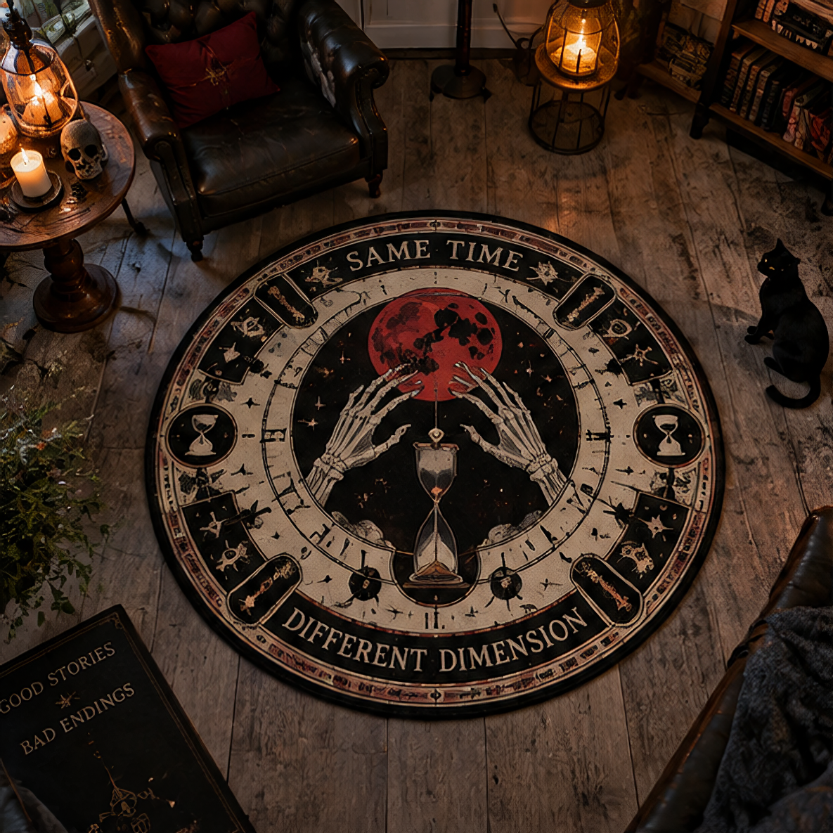 Cosmic dark fantasy round rug featuring skeleton hands holding a glowing hourglass under a red blood moon, bordered by mystical astrology symbols. Text reads "Same Time Different Dimension".