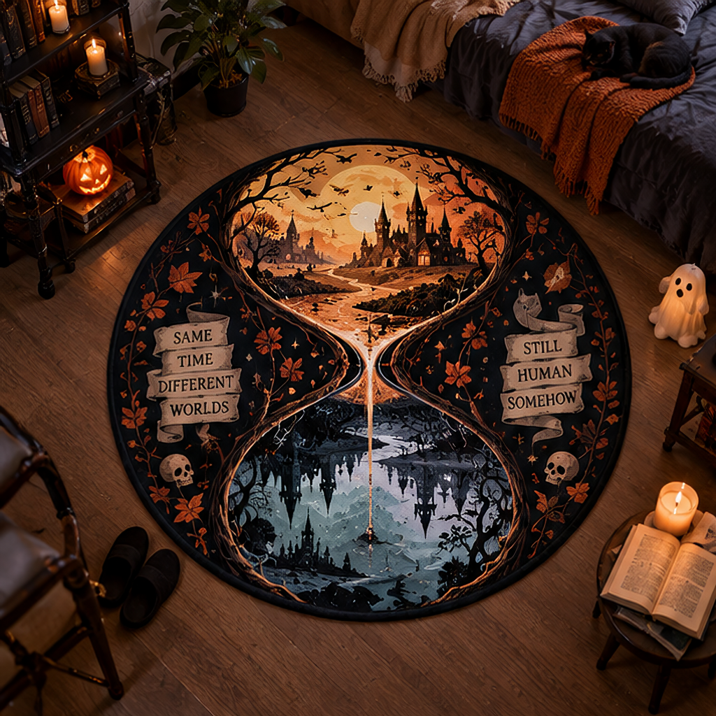 Surreal split-dimension Halloween round rug featuring a magical hourglass with a warm haunted castle on top and a dark moonlit reflection below. Text reads "Same Time Different Worlds" and "Still Human Somehow".