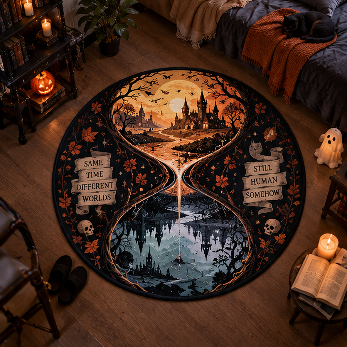 Surreal split-dimension Halloween round rug featuring a magical hourglass with a warm haunted castle on top and a dark moonlit reflection below. Text reads "Same Time Different Worlds" and "Still Human Somehow".