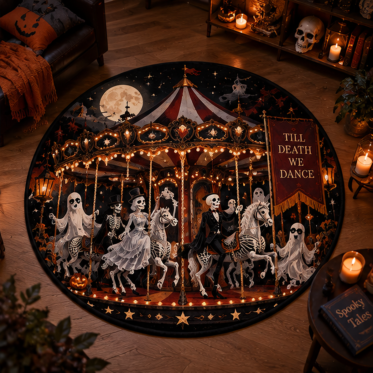 Dark Fantasy Ghost Ship & Haunted Carousel Round Rug – Velvet Decor