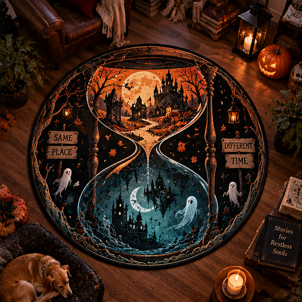 Surreal 3D Halloween rug showing a giant hourglass. The top features a warm autumn haunted castle, and the bottom mirrors it in a dark blue moonlit night.