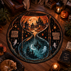 Surreal 3D Halloween rug showing a giant hourglass. The top features a warm autumn haunted castle, and the bottom mirrors it in a dark blue moonlit night.