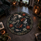 Gothic dark fantasy round velvet rug showing a skeleton resting in a dark pond filled with red lotus flowers and glowing swimming koi fish.