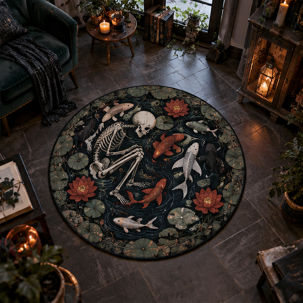 Gothic dark fantasy round velvet rug showing a skeleton resting in a dark pond filled with red lotus flowers and glowing swimming koi fish.