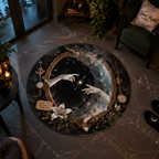 Romantic dark fantasy round velvet rug showing a shattered ornate mirror. Two pale hands reach out to touch each other across a dark, cosmic starry sky. A sign reads "Same Soul Different Worlds".