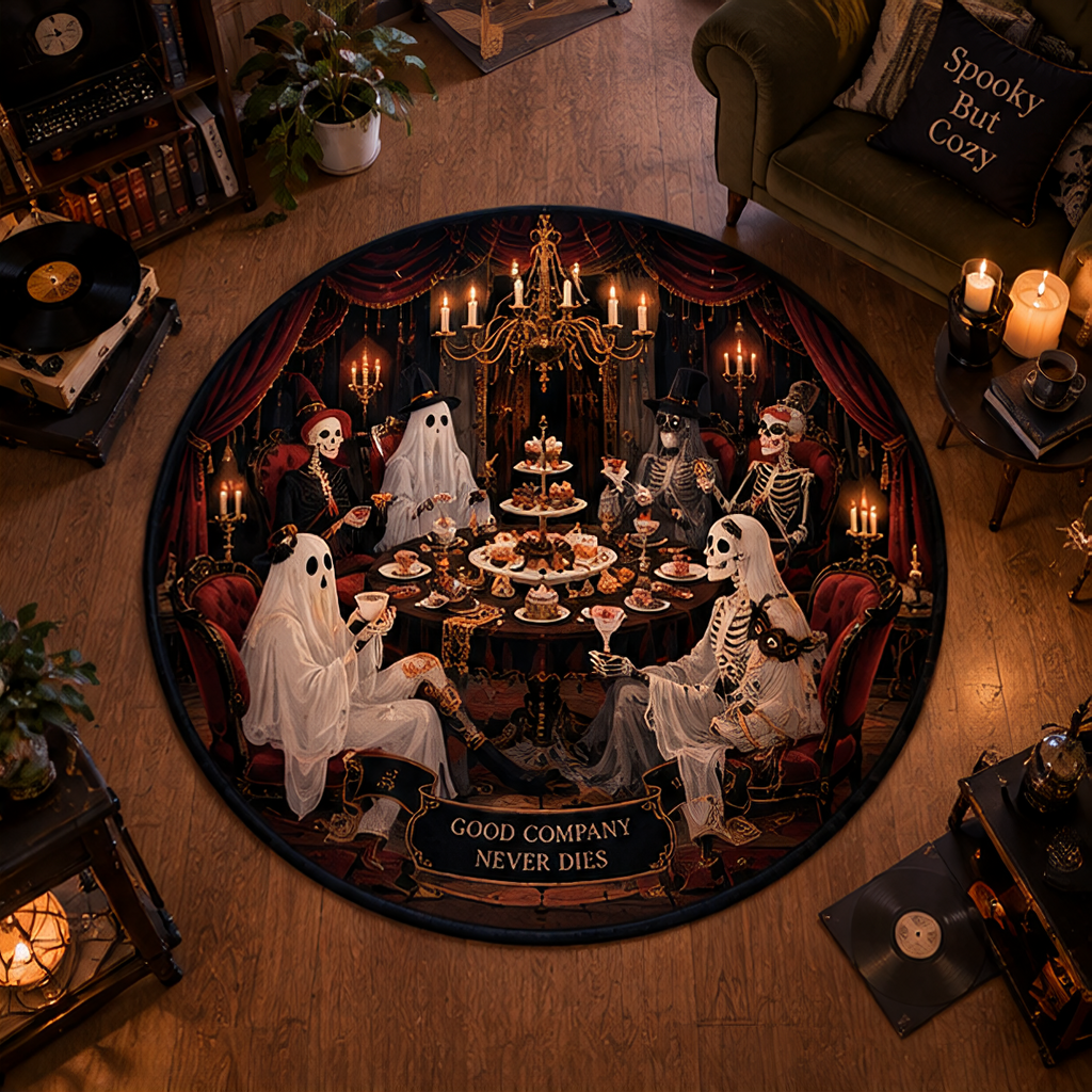 Elegant gothic round velvet rug showing skeletons and ghosts enjoying a fancy tea party under a vintage chandelier. A banner reads "Good Company Never Dies".