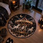 Whimsical Halloween round velvet rug featuring a magical vintage carousel with white spectral horses and wandering ghosts under a starry night sky.