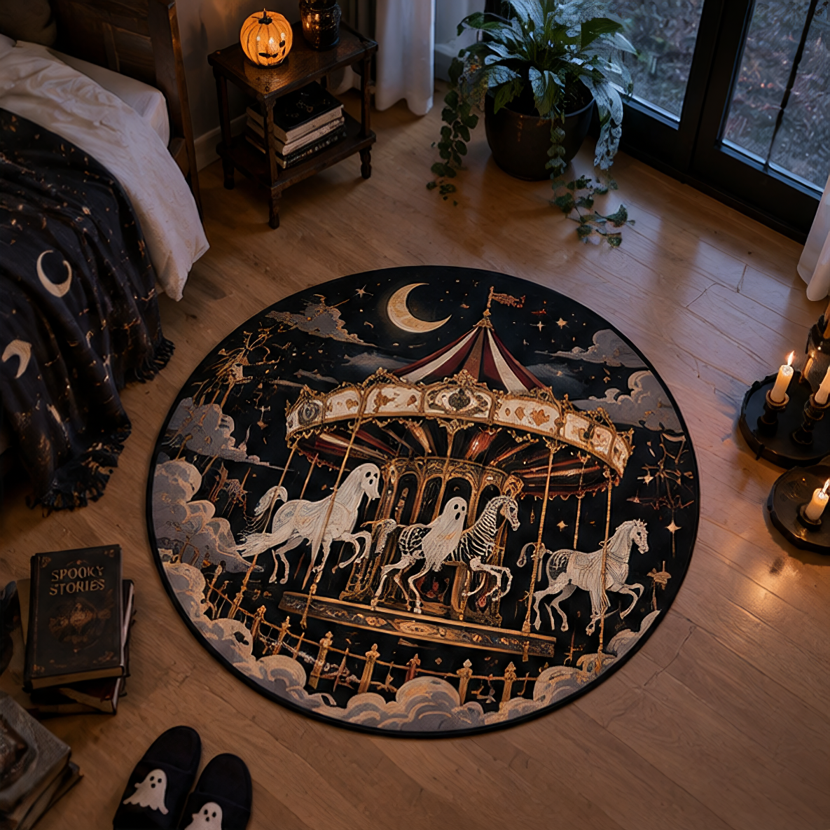 Whimsical Halloween round velvet rug featuring a magical vintage carousel with white spectral horses and wandering ghosts under a starry night sky.