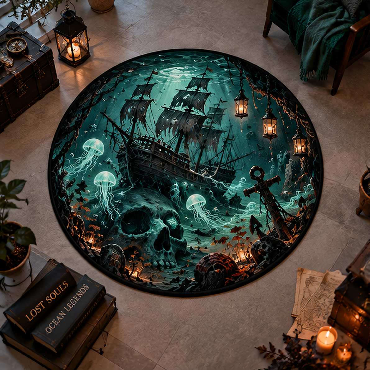 Dark Fantasy Ghost Ship & Haunted Carousel Round Rug – Velvet Decor