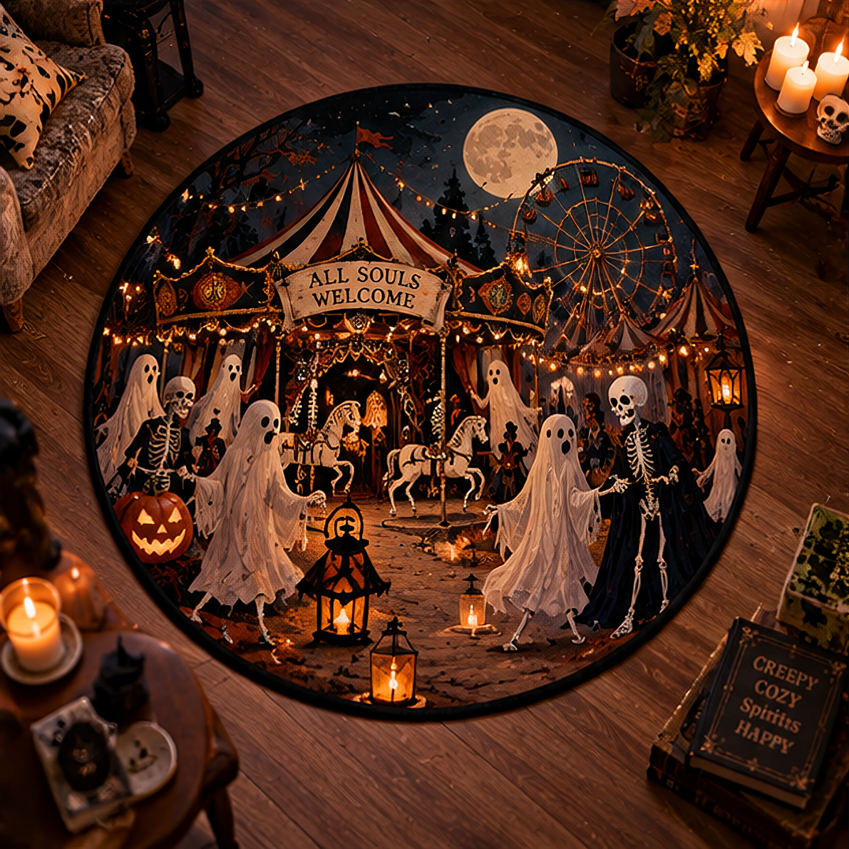 Whimsical dark fantasy round rug depicting a haunted vintage carnival at night, featuring dancing skeletons and ghosts around a glowing carousel.
