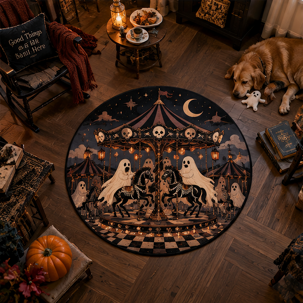 Spooky cozy Halloween round rug depicting a haunted vintage carousel with ghosts riding black horses, surrounded by string lights and pumpkins.