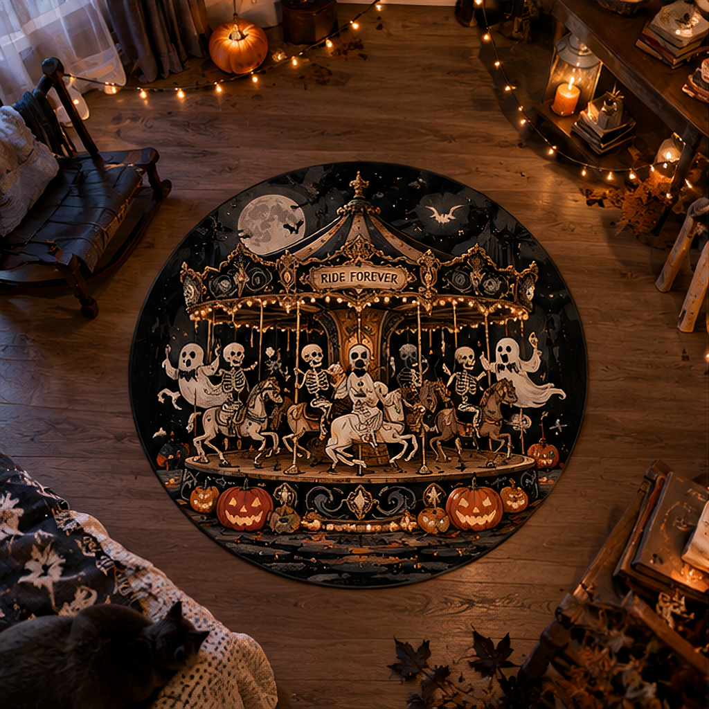 Spooky haunted carousel round rug featuring skeletons and ghosts riding skeletal horses at a vintage carnival at night. The gothic banner reads "Ride Forever" amidst glowing pumpkins.