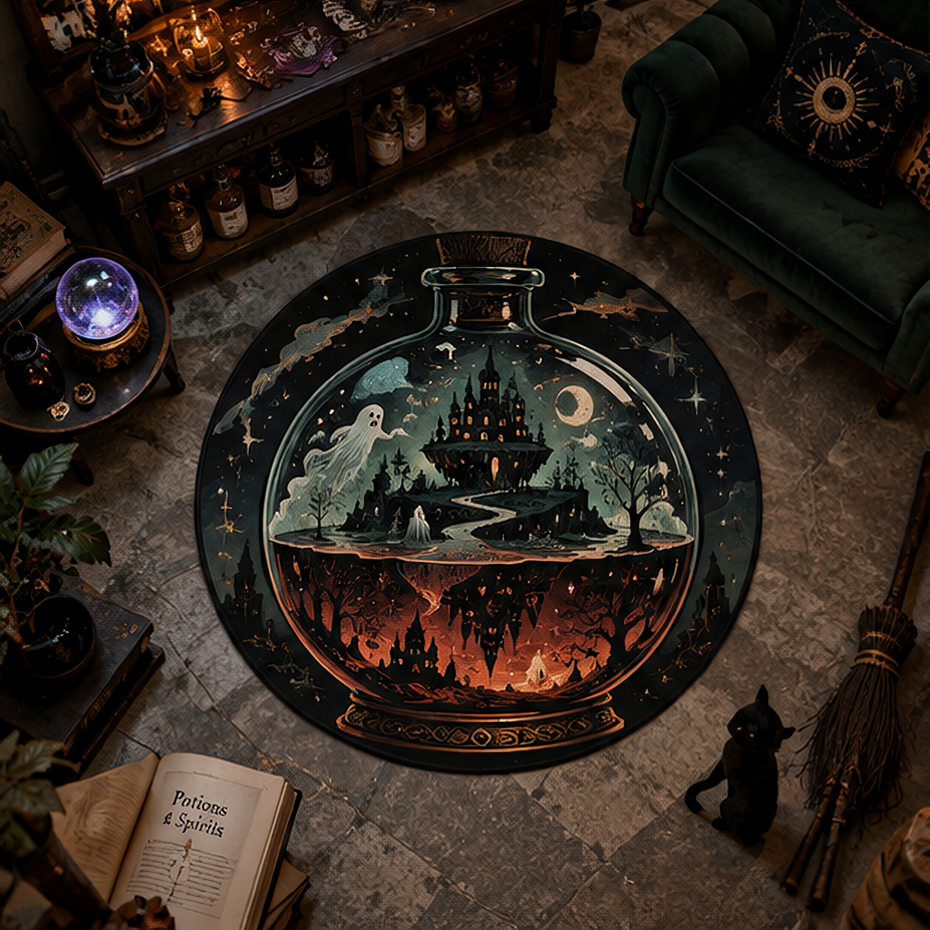 Mystical 3D illusion round rug depicting a giant potion bottle containing a split-dimension world: a moonlit haunted castle above, and its fiery, dark reflection below.