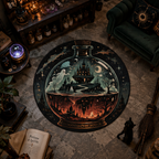 Mystical 3D illusion round rug depicting a giant potion bottle containing a split-dimension world: a moonlit haunted castle above, and its fiery, dark reflection below.